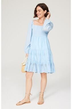 Area Stars Eyelet Trim Light Blue Long Sleeve Square Neck Dress Size Medium